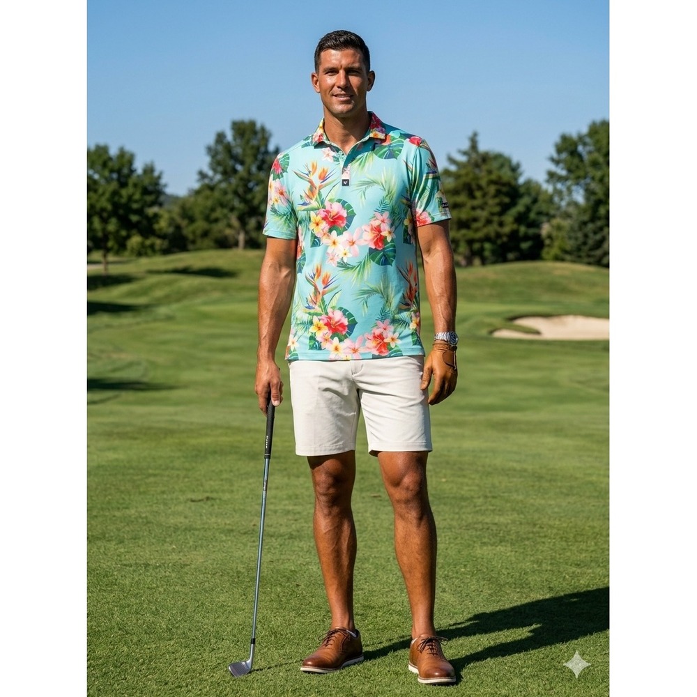 Bad Birdie Tropics Golf Polo Mens Medium Blue Floral Tropical Birds of Paradise